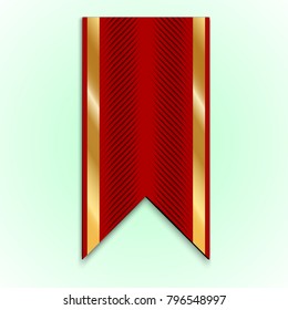 Red vector ribbon with golden stripes. Gold stripe. Realistic fabric. Modern illustration. Abstract pattern flag decoration graphic vintage sign old symbol  template wallpaper art stock decorative