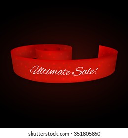 Red vector ribbon with shiny particles Ultimate sale  on dark background