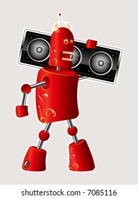 red vector robot devil dances with speaker on shoulder