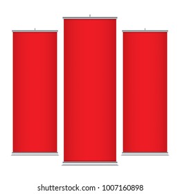 Red vector roll-up banners, isolated on a white background. Vertical banner templates.
