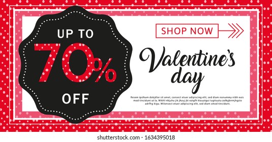 Red vector romantic template of sale horizontal banner for Valentine’s Day with white dots. Background for discount and special offers. Valentines Heart sale tags. Shop market poster design. Eps 10