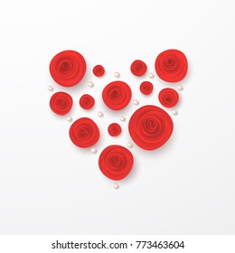 Red vector roses with diamonds and hearts composition on white background. Heart symbol. Romantic background . St. Valentine's Day, 8 march, Woman's day