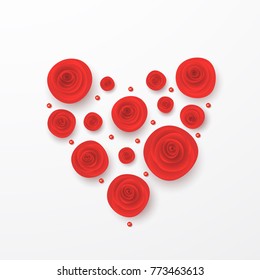 Red vector roses with diamonds and hearts composition on white background. Heart symbol. Romantic background . St. Valentine's Day, 8 march, Woman's day