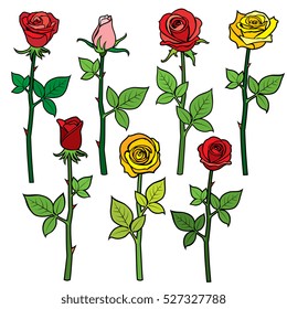 Red vector roses with flower buds isolated on white. Cartoon illustration.