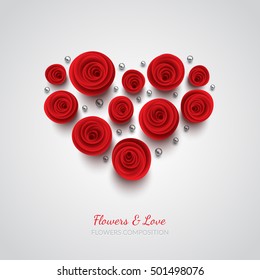 Red vector roses and hearts composition on white background. Heart symbol. Romantic background . St. Valentine's Day, 8 march, Woman's day, romantic holiday design. Eps10 vector.