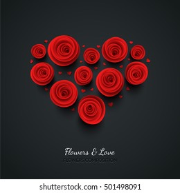 Red vector roses and hearts composition on dark background. Heart symbol. Romantic background . St. Valentine's Day, 8 march, Woman's day, romantic holiday design. Eps10 vector.