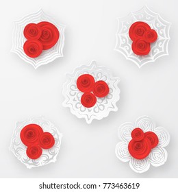 Red vector roses with paper snowflakes composition on white background. Heart symbol. Romantic background . St. Valentine's Day, 8 march, Woman's day