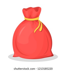 Red vector Santa Claus bag full of gift boxes. Present for new year celebration in big sack.
