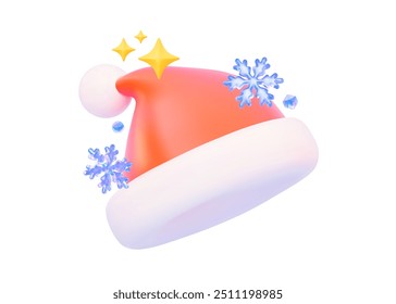 Sombrero de Santa Vector rojo con copos de nieve de cristal y estrellas. Decoración festiva para el diseño de Anuncios, redes sociales de la temporada invernal. Ilustración vectorial 3D