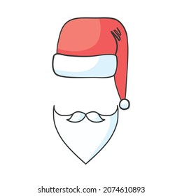 Red vector Santa's hat, beard and mustaches isolated on blue background. Vector, illustration