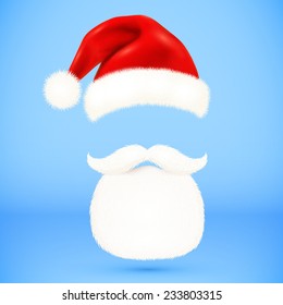 Red vector Santa's hat, beard and mustaches isolated on blue background