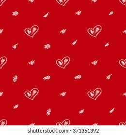 Red vector seamless background with hand-drawn hearts and spots. Background for greeting card with chalk hearts in doodle style holiday sketch art.
