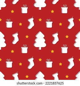 Red vector seamless pattern background with christmas trees, gifts, christmas socks, stars silhouettes for winter holidays design.
