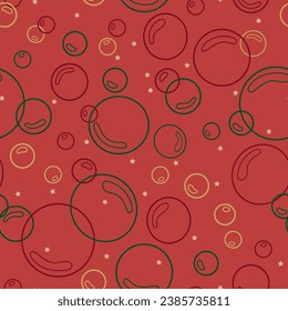 Red vector seamless pattern with bubbles and stars, Christmas themed colors. Red, green, yellow and white elements on a red background. Suitable for packaging, wallpaper, invitations, Christmas cards.