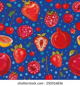 Red vector seamless pattern with fruits and berries: pomegranate, strawberry, cherry, raspberry, apple, grapefruit. Illustration of fruits and berries. Fresh, juicy and colored. eps 10