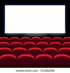 Red vector seats. Movie, cinema design with white screen. Film premiere.