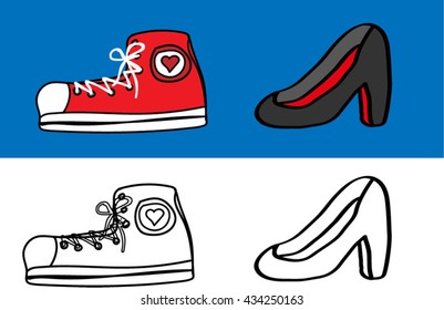 Red vector sneakers and shoes with red sole