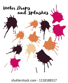 Red Vector Splashes, Hand Painted Watercolor Drops. Indian Holi Color Festival, Paint Highlight, Burst. Red Holi Paint Splats, Vector Hand Painted Swatch. Texture Funky Graffiti Smears, Button.