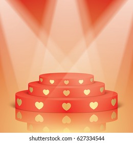 Red vector stage with stairs and golden hearts, isolated on a red background. Romantic scene with studio lighting and reflection.