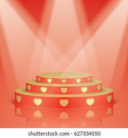 Red vector stage with stairs and golden hearts, isolated on a red background. Romantic scene with studio lighting and reflection.