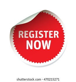 Red vector sticker and text register now. Isolated outline graphic elements and Illustration. Stamp for product.