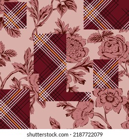 Red Vector Stock Flowers Leaves With Stripe Bandanna Pattern On Pink Background