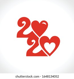 Red vector symbol 2020 zero in the shape of a heart.