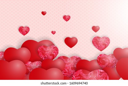 Red vector symbols of love in shape of heart background. Realistic design template can use wallpaper, element poster, greeting card, web banner for Valentine's Day