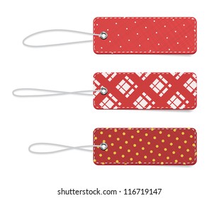 Red vector tartan and dotted fabric textured badges with straps