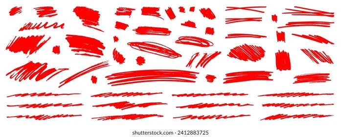 Red vector underlines, marker lines and squiggles. Hand-drawn swooshes, waves, circles, boxes. Freehand pen strokes, scratches, swishes. Paint stroke under lines, scribbles, squiggly grunge splashes