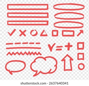Red vector underlines, marker lines and squiggles. Hand-drawn swooshes, waves, circles, boxes. Freehand pen strokes, scratches, swishes. Paint stroke under lines, scribbles, squiggly grunge splashes