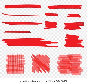 Red vector underlines, marker lines and squiggles. Hand-drawn swooshes, waves, circles, boxes. Freehand pen strokes, scratches, swishes. Paint stroke under lines, scribbles, squiggly grunge splashes