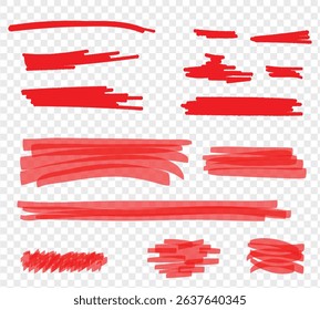 Red vector underlines, marker lines and squiggles. Hand-drawn swooshes, waves, circles, boxes. Freehand pen strokes, scratches, swishes. Paint stroke under lines, scribbles, squiggly grunge splashes