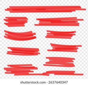 Red vector underlines, marker lines and squiggles. Hand-drawn swooshes, waves, circles, boxes. Freehand pen strokes, scratches, swishes. Paint stroke under lines, scribbles, squiggly grunge splashes