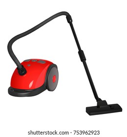 Red vector vacuum cleaner with a black plastic brush on a long stick, with a carrying handle, isolated on a white background