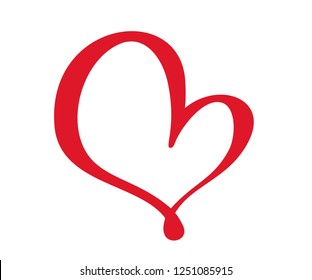 Red Vector Valentines Day Hand Drawn Calligraphic Heart. Holiday Design element. Icon love decor for web, wedding and print. Isolated Calligraphy lettering illustration.