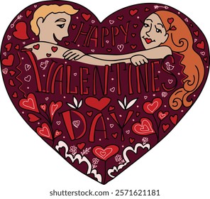 Red Vector vibrant Valentine’s Day illustration of heart-shaped design with a couple embracing, surrounded by text saying Happy Valentine’s Day. Decorated with hearts, flowers, and romantic elements