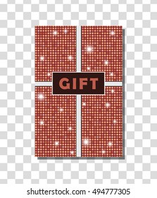 Red vector vintage gift card design with shining rounds background isolated. Vector illustration