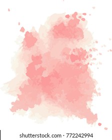 Red Vector Watercolor Splash in a Vertical Orientation. This is a Soft Pastel, Blush Colored Red Splash Cloud with Scattered Droplets, For Use in Layout Design, Against a White Background