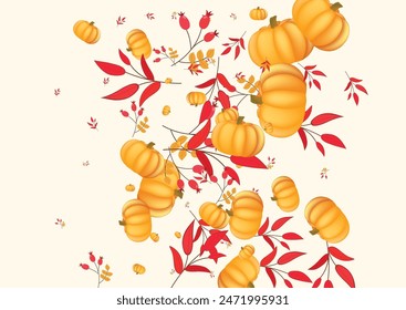 Red Vegetable Background Beige Vector. Leaves Healthy. Colorful Harvest Template. Halloween Banner. Burgundy Gourd Food Border.