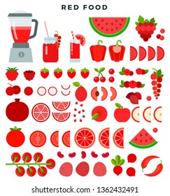 Red vegetables, fruits and juices, flat icon set. Fresh healthy organic food. Raw vegetarian dietary products. Vector illustration for restaurant menu, infographics, banners.