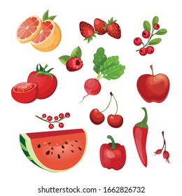 Red vegetables and fruits. Vector illustration. A set of food of red color. Healthy lifestyle and diet, proper nutrition, raw food, vegetable nutrition. Healthy lifestyle.