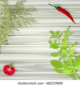 Red vegetables and green aromatic herbs at wooden planked table. Overhead view of sliced tomato, chili pepper, rosemary and basil. Organic food background with space for text. Vector illustration.