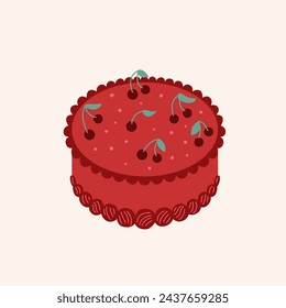 Red velvet cake with cherry. Vector flat illustration on isolated background. Cute bento cake for holiday, birthday party, celebration, valentine's day