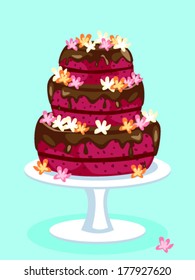 Red velvet cake with chocolate icing and flowers: birthday, wedding or other celebration