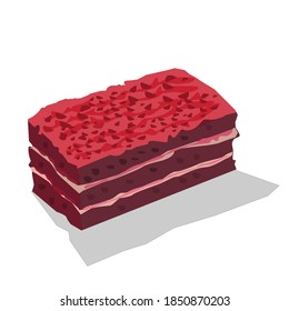 Red velvet cake with red cream cheese on top.Vector illustration isolated on white background.Coffee time. Eat with coffee.Can be used for logo, icon, restaurant menu, packaging, and graphic.

