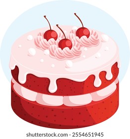 Red Velvet Cake with Icing Glaze, Frosting and Cherry Toppings. American Dessert Vector Art  