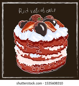 Red velvet cake, on top of the cake the decor of strawberries and chocolate.