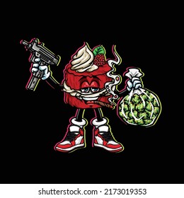 red velvet cake vector hold gun, weed nug bag and smoking blunt cannabis bud flower marijuana and happy face