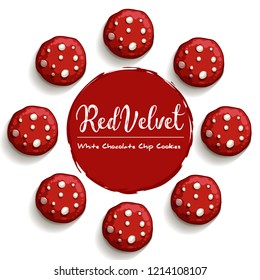 Red velvet chocolate chip cookies on white background with calligraphy design Vector illustration